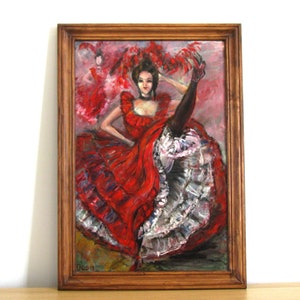 Pintura al óleo de bailarina de cabaret Can Can enmarcada/Pintura de bailarina de cabaret impresionista/Pintura al óleo original de gran tamaño/Decoración de pared de sala de estar