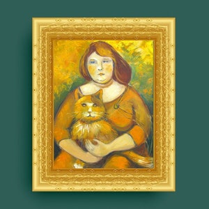 Original Oil Painting Woman with a Cat/Woman and Feline Calico Cat Portrait on Canvas Home Warming Wall Decoration/Living Room Decoration