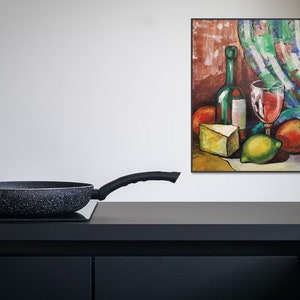 Weinflaschen, Glas Wein, Käse und Früchte Originalgemälde Kunst / Stillleben Acrylmalerei Küche Dekoration/Wohnzimmer Wanddekor
