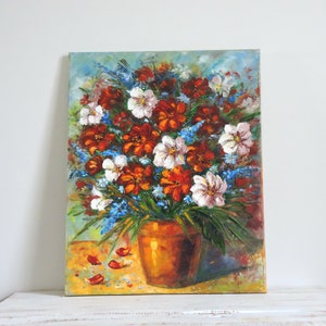Abstract Flower Bouquet in Pot Impasto Oil Painting Original Art Floral Oil Painting Impasto on Large Stretched Canvas/Livingroom Wall Art