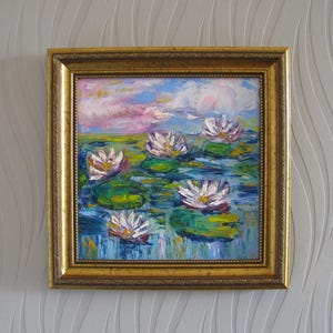 Water Lily Pond small size impasto painting on stretched canvas/ Water Lilies painting/Floral art/Livingroom decoration