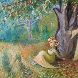 Oil Painting Original Oak Tree Nymphs/ Summer Autumn Tree Painting Large Size Stretched Canvas Art/Nature Beauty Pastel green