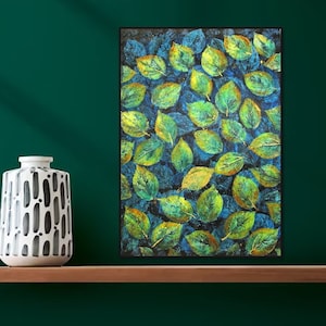 Großes Blatt Acrylbild mit goldenen Details/Naturliebhaber Blatt Gemälde Wohnzimmer Dekor