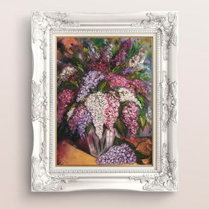 Lilac Bouquet in Vase Impasto Oil Painting Original Art Floral Lilac Oil Painting Impasto on Stretched Canvas  Size 19,5x15,5 Inches
