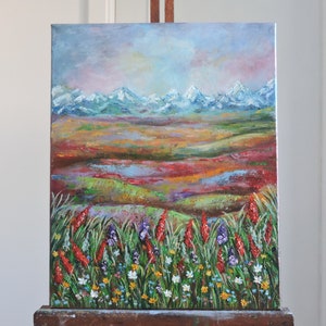 Mountain meadows in spring oil painting original art mountain landscape  Impasto oil painting palette knife art on stretched canvas