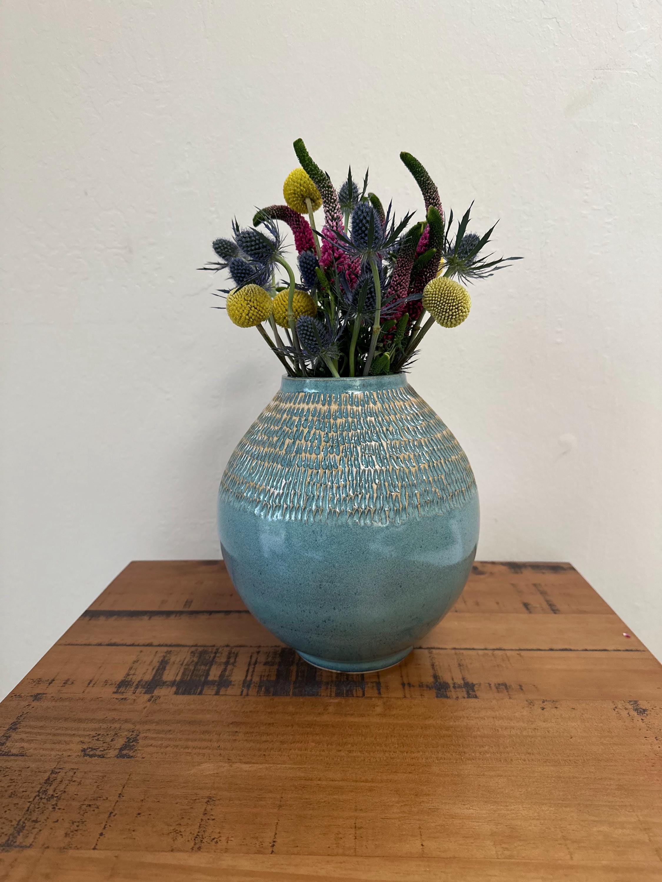 Hand-carved Turquoise Moon Vase: Mid-century Modern Ceramic