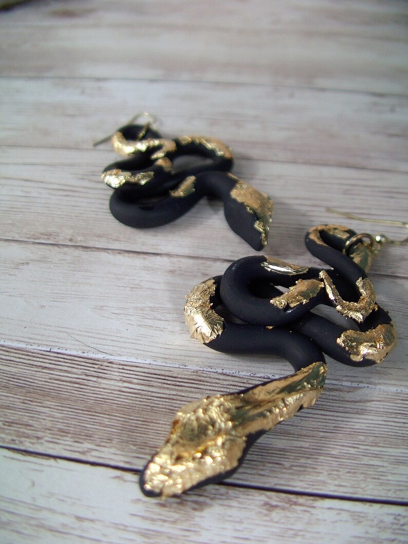 Handmade Coiled Black Snake and Gold Foil Polymer Clay Dangle Earrings