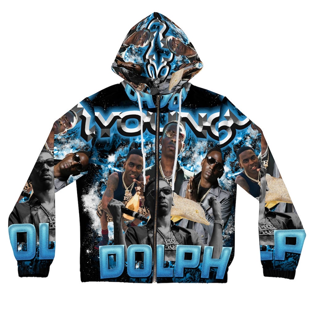 Discover Womens Black and Blue Young Dolph Rapper Full-Zip Hoodie