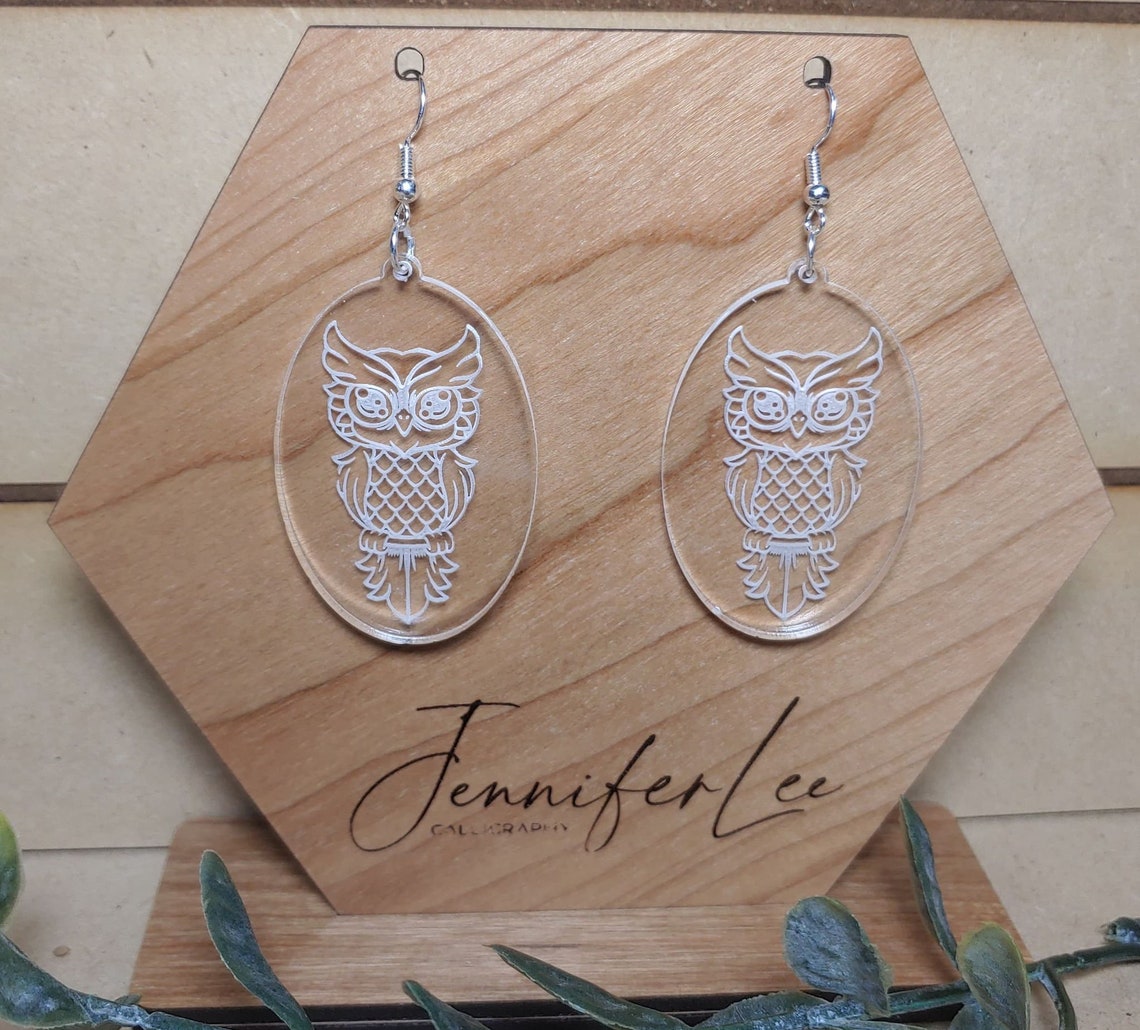 SVG, Laser Cut File, Engraved Oval Owl Dangle Earring Bundle 4 Cut File