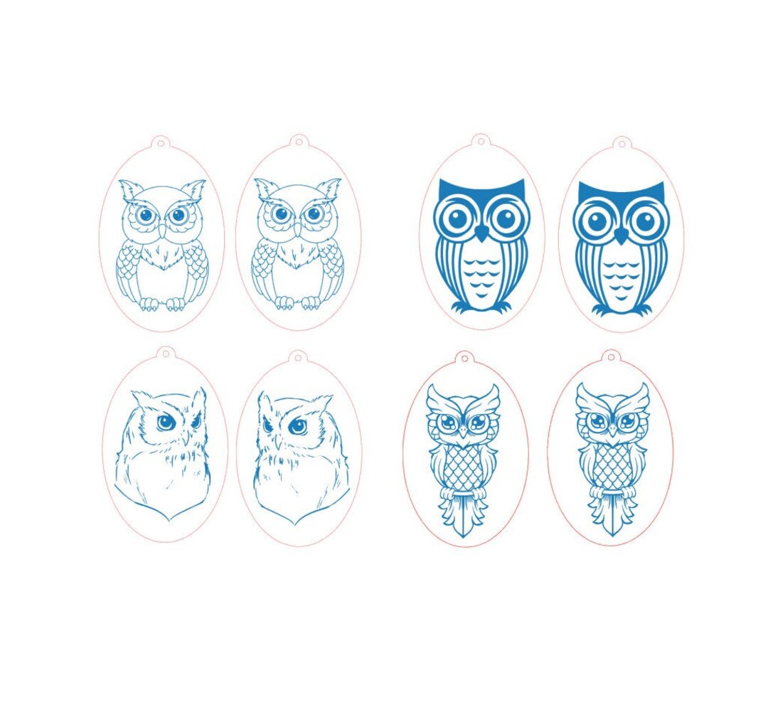 SVG, Laser Cut File, Engraved Oval Owl Dangle Earring Bundle 4 Cut File