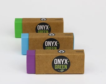 Onyx eco-friendly erasers, sustainable materials, soy-based ink, recycled rubber, arts and crafts, stationary, office, back to school