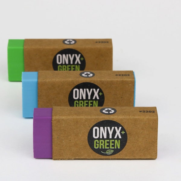 Onyx eco-friendly erasers, sustainable materials, soy-based ink, recycled rubber, arts and crafts, stationary, office, back to school