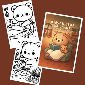 Kawaii Bear Daily Life – Printable Coloring Pages for Kids | Cute Relaxing Bear at Home | Instant Download PDF