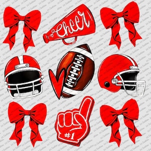 May include: A collection of red and brown football-themed graphics. Includes a football, helmets, a megaphone with "Cheer" text, a foam finger with "#1", and red bows. Perfect for sports fans and cheerleaders.