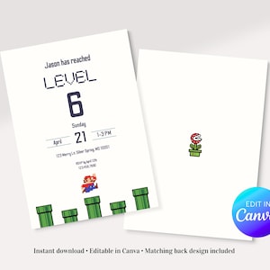 K&ouml;nnte beinhalten: Wei&szlig;e Einladungskarte mit einem pixeligen Mario, der &uuml;ber gr&uuml;ne Rohre springt. Der Text lautet "Jason hat LEVEL 6 erreicht" mit Veranstaltungsdetails. Die R&uuml;ckseite zeigt eine Piranha-Pflanze.