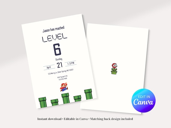 Super Mario-Inspired Level Up, Video Game Party, Instant Download Editable Canva 5x7 Invitation Template