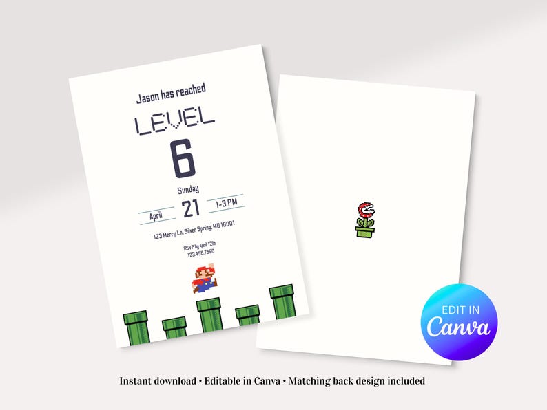 K&ouml;nnte beinhalten: Wei&szlig;e Einladungskarte mit einem pixeligen Mario, der &uuml;ber gr&uuml;ne Rohre springt. Der Text lautet "Jason hat LEVEL 6 erreicht" mit Veranstaltungsdetails. Die R&uuml;ckseite zeigt eine Piranha-Pflanze.