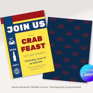 May include: A two-sided invitation for a crab feast. The front features the text "JOIN US for a CRAB FEAST" on a yellow background with blue and red accents. The back has a navy blue pattern of red crabs.