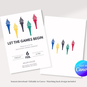 Könnte beinhalten: Weiße Einladungskarten mit farbenfrohen Fackelgrafiken. Der Text "LET THE GAMES BEGIN" wird zusammen mit den Veranstaltungsdetails für die Eröffnungsfeier der Olympischen Spiele 2026 angezeigt, einschließlich Datum, Uhrzeit und Ort. Ein Canva-Logo ist sichtbar.