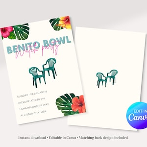 Pode incluir: Dois cartões brancos com tema tropical. O cartão principal tem o texto "BENITO BOWL Watch party" com duas cadeiras verdes. Flores e folhas tropicais decoram os cantos. O segundo cartão tem uma versão menor das cadeiras. O texto diz "Domingo, 8 de fevereiro, início às 18h30, 1 Championship Way, All-Star City, EUA."
