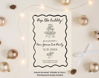 May include: New Year's Eve party invitation with the text "Pop the bubbly!" and event details. The design features a black and white illustration of champagne glasses and a decorative border. The invitation is surrounded by gold ornaments and pinecones.