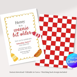 May include: A white invitation card with a yellow border and the text "Henry is a weenie bit older." Includes illustrations of a hot dog, ketchup, and mustard. A red and white checkered pattern card is next to it.