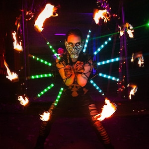 Unique 2in1 (Fire&LED) Multicolour Fans PAIR *** 22 dynamic modes, 20 static colors *** Gift for Performers Belly Dance Flow Fire Light Prop