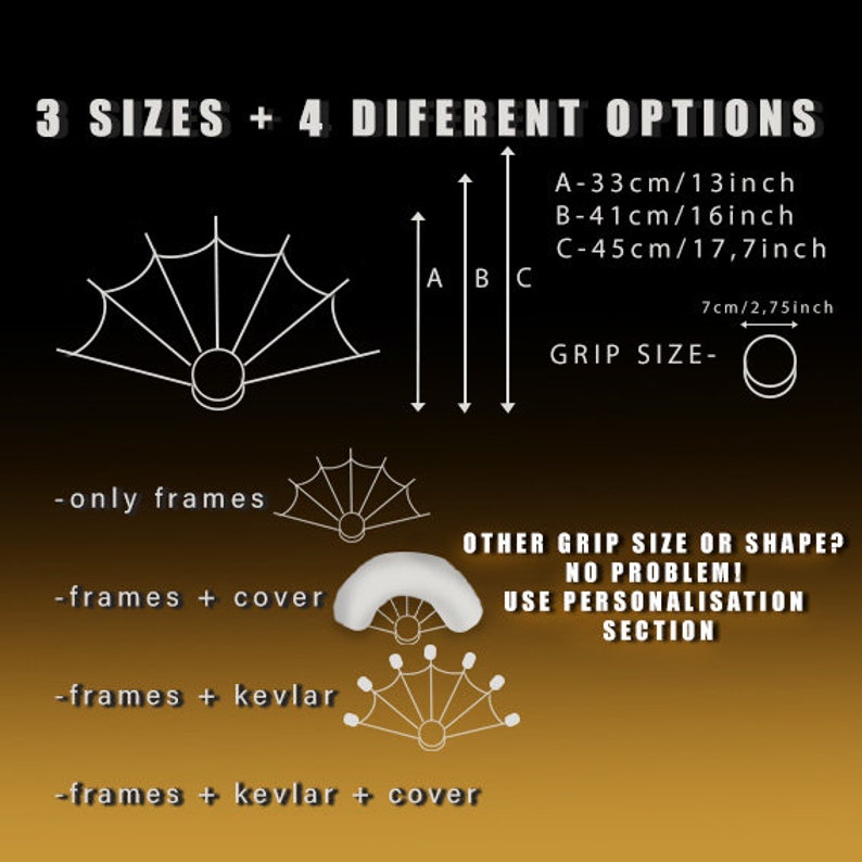 May include: Diagram detailing three sizes: A-33cm, B-41cm, C-45cm, and four product options. The grip size is 7cm. Text includes "only frames", "frames + cover", "frames + kevlar", and "frames + kevlar + cover".