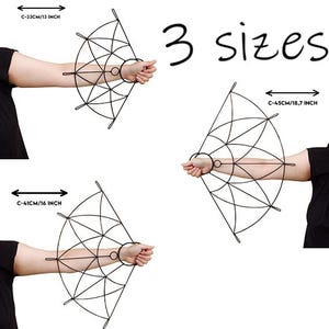 May include: Black metal fan-shaped decorative pieces in three sizes: 33 cm, 41 cm, and 45 cm. Each piece has a circular handle and a geometric design. The text "3 sizes" is also visible.