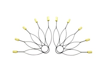 May include: A set of eight fire poi with black metal handles and yellow wicks. The poi are arranged in a fan shape.