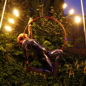 May include: A woman in a black and silver sequined bodysuit performs aerial acrobatics on a hoop suspended from the ceiling. The hoop is lit by fire torches, creating a dramatic and colorful scene.