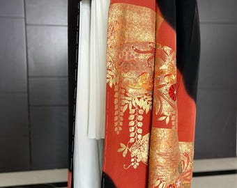 Black Japanese Kimono, Vintage Japanese Tomesode kimono, Long antique Kimono, Vintage Japanese kimono, Black Kimono, Japanese black kimono