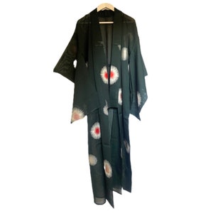 Summer Kimono, vintage kimono, Japanese kimono, semi transparent kimono, dark green kimono, kimono dress, Long kimono