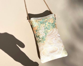 Pochette in seta Obi, borsa per telefono in seta, pochette in seta, borsa kimono, mini borsa a spalla, mini borsa dorata, borsa in seta per feste