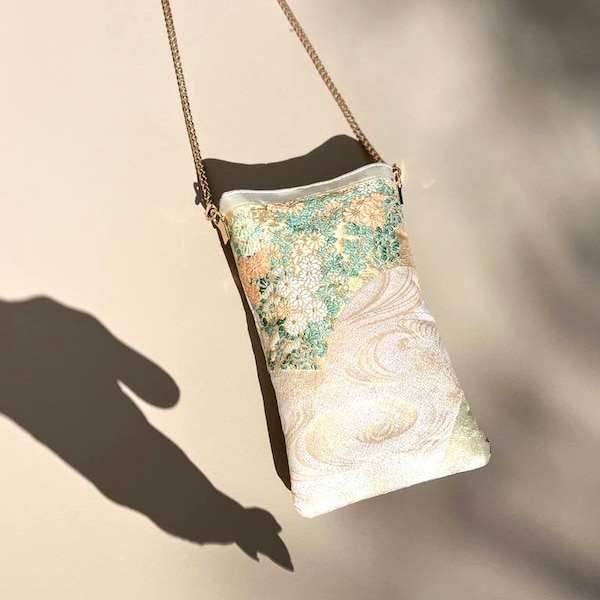 Obi Silk Pochette, Silk phone bag, Silk pochette, kimono bag, shoulder mini bag, gold mini bag, party silk bag