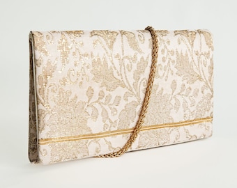 Golden Clutch, Silk clutch, Embroidered Silk Clutch, Party silk bag, silk handbag, kimono bag, obi silk clutch, wedding handbag