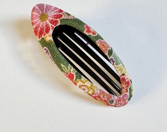 Oval Hair Clip, French style hair clip, Green hair clip, hair claw, hair barrete, vintage Japanese print, Japanese hair clip, Japanese style