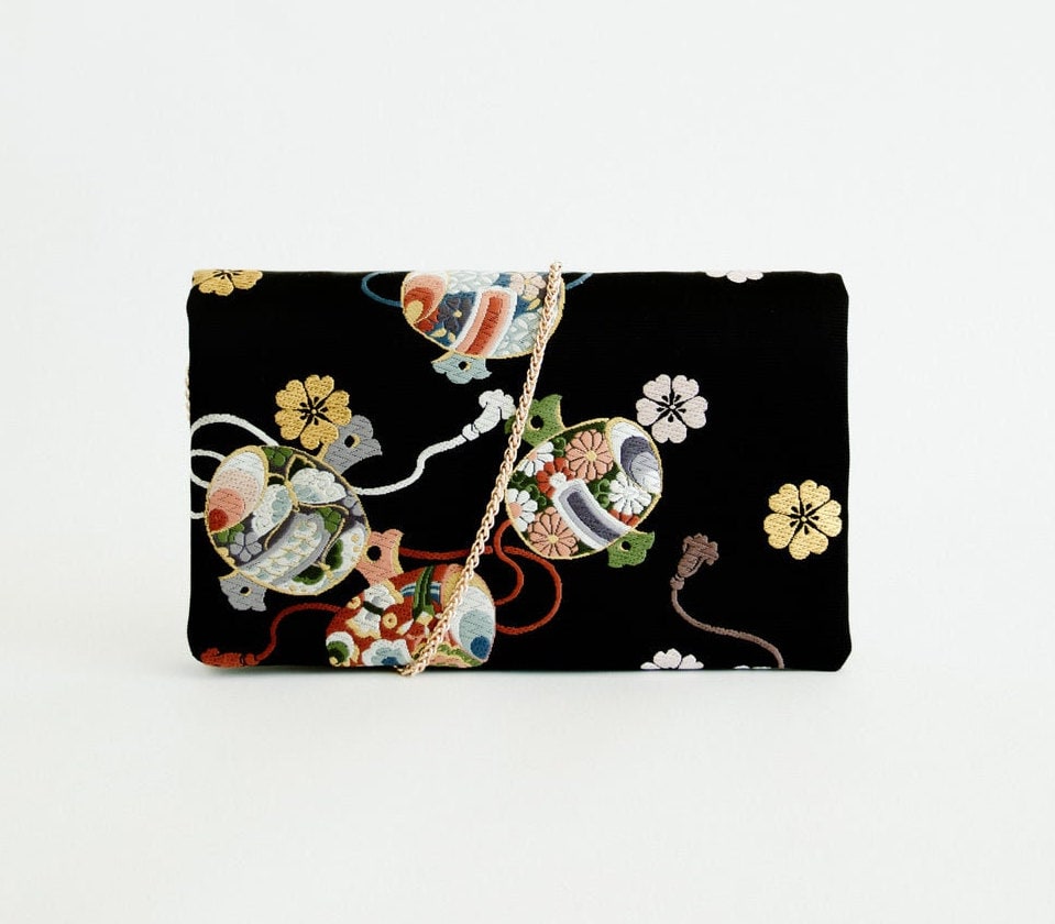 Pochette in seta nera, borsa in seta, borsa in seta Kimono, pochette in seta da festa, pochette nera, borsa dal design giapponese, borsa obi antica, pochette da festa