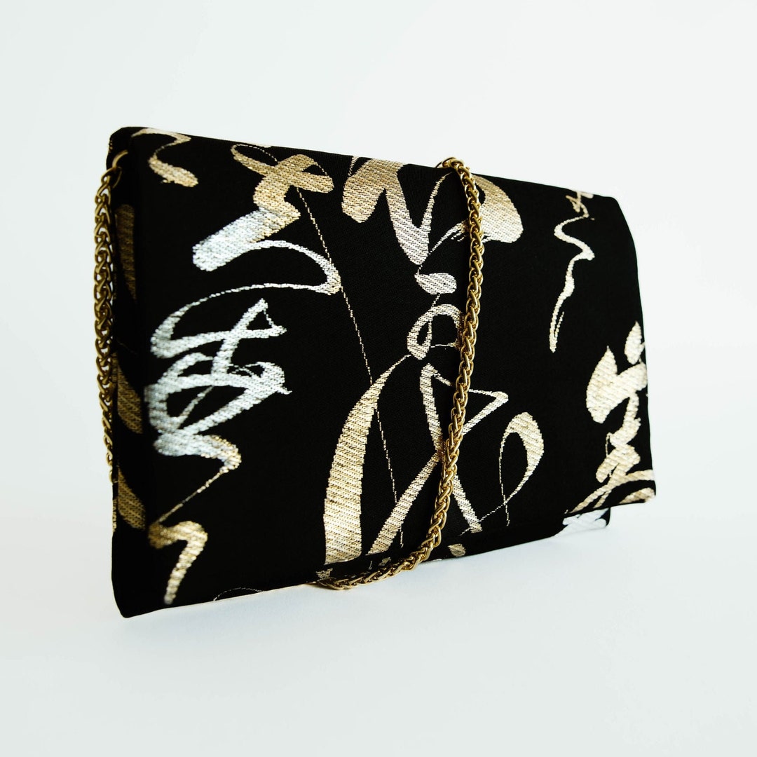Black and Gold Clutch Silk Handbag Shodo Pattern Party Silk Etsy