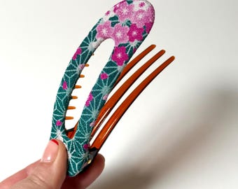 Barrette clip, hair clip, Kimono Hair, Japanese clip, Hair claw, Satomi Clip, traditional japanese print, green hair claw, thin hair clip