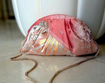 Silk handbag, Japanese obi silk pouch, pink clutch, Silk Clutch, dumpling silk bag, wedding handbag, kimono bag, obi silk handbag, party bag