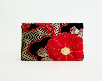 Red Silk Clutch, Japanese clutch, Red and Gold silk clutch, Silk Clutch, silk bag, kimono silk bag, obi silk handbag, Red Camelia, red bag