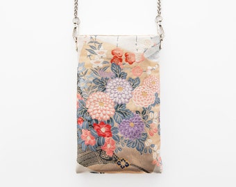 Pochette in seta Obi, borsa per telefono in seta, pochette in seta, borsa kimono, mini borsa a spalla, borsa con stampa crisantemo,