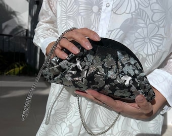 Black and silver handbag, Silver clutch, Japanese obi silk handbag, Obi silk bag, silk clutch, dumpling bag, obi silk clutch