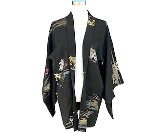 Haori Jacket, Japanese Haori, Vintage Haori, Black Haori , Silk Haori, short kimono, kimono jacket, Metalic thread woven Japanese scenery
