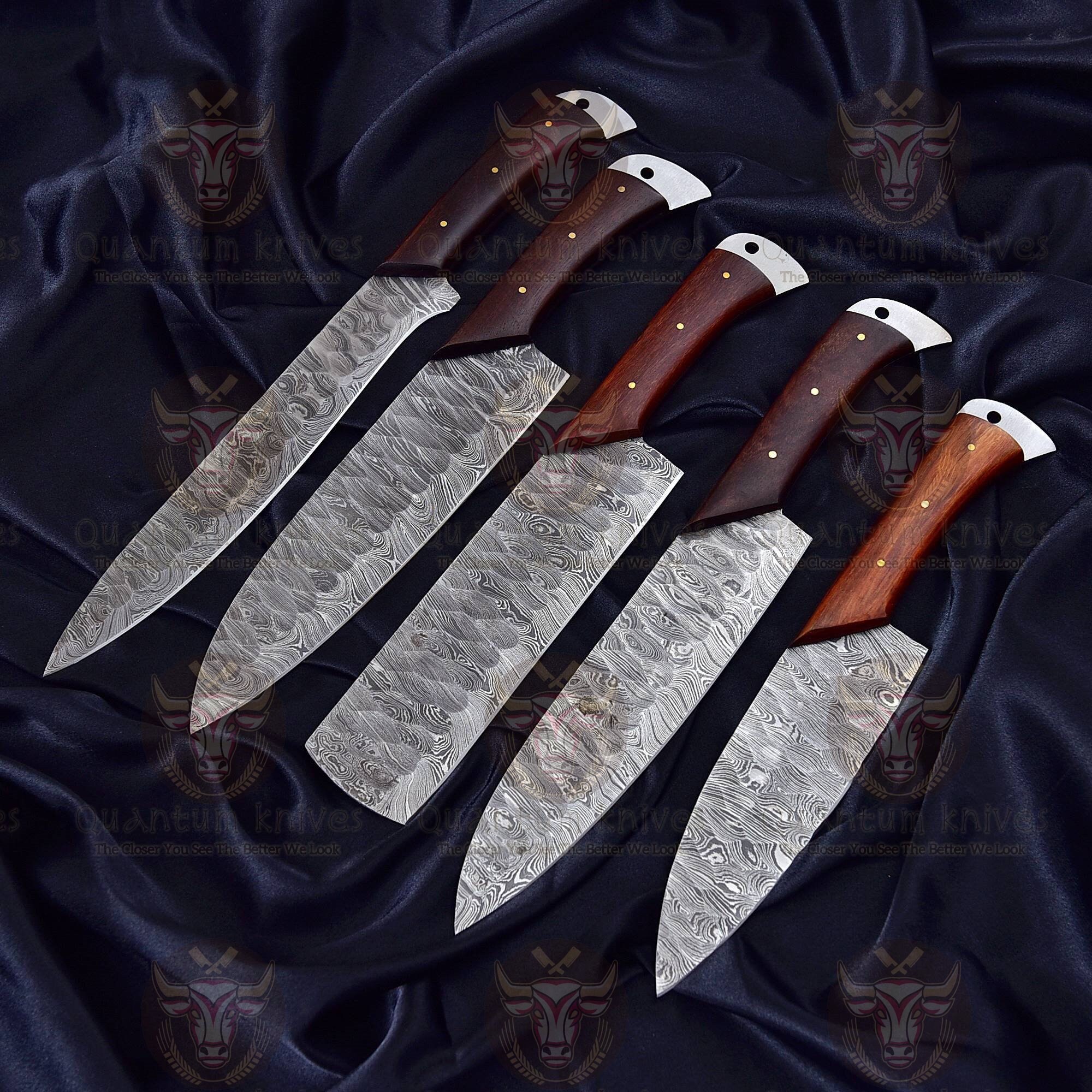 Ensemble de Couteaux Chef, Tricot Chef Damas Fait à La Main, Travail Lime, Bois Rose, Bel Artisanat,