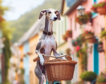 Whippet on Wheels Art Print: Greyhound Dog on Bicycle (10x8)