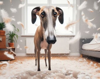 Cheeky Greyhound Art Print: Dog Bed Mayhem (10x8)
