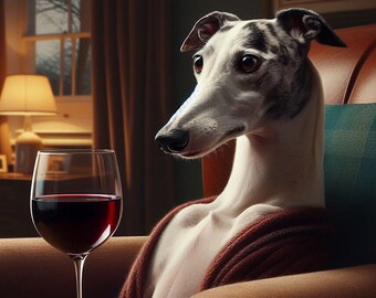 Whippet Art Print: Greyhound with Wine, Dog Lover Gift (10" x 8")