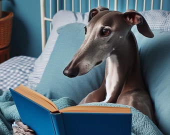Whippet Reading Art Print: Amusing Greyhound Dog Lover Gift